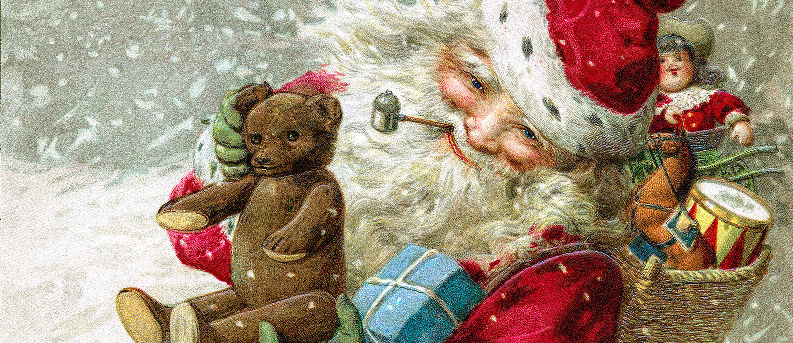 Vintage Christmas Santa illustration with a toy bear and toys.
