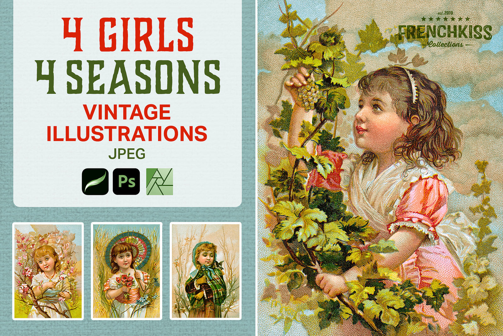 Vintage illustrations digital graphics of 4 girls depicting the 4 seasons.