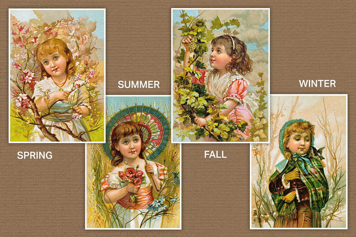 Four vintage-style illustrations of children in different seasons. Digital downloads.