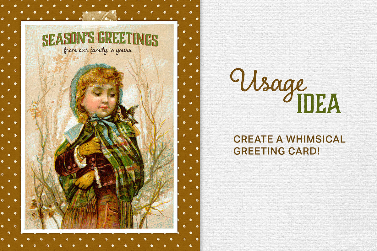 Create a Christmas greeting card from a digital vintage illustrations depicting a girl in a Winter scene with a bird on her shoulder.