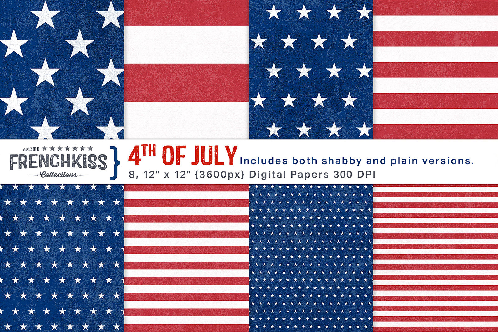 4th of July, red, white and blue stars and stripes digital papers. 