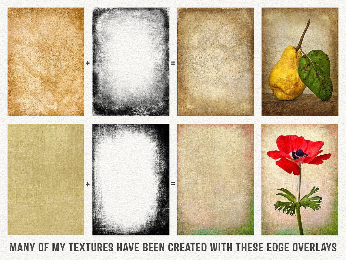 Creating wonderful texture variations adding artistic edge overlays. Examples of final texture usage.