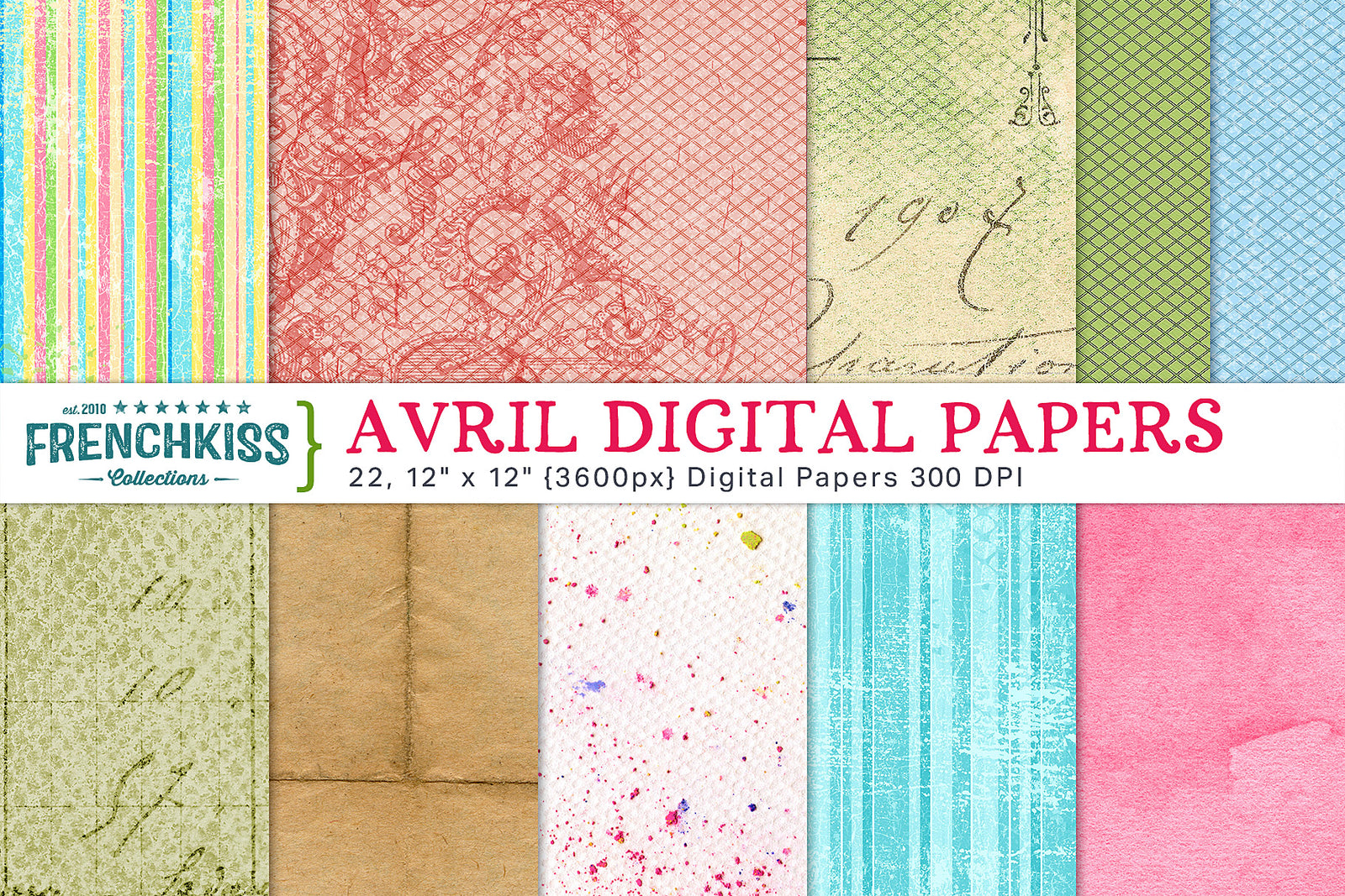 Avril Digital Papers featuring Spring colors and Vintage French elements.