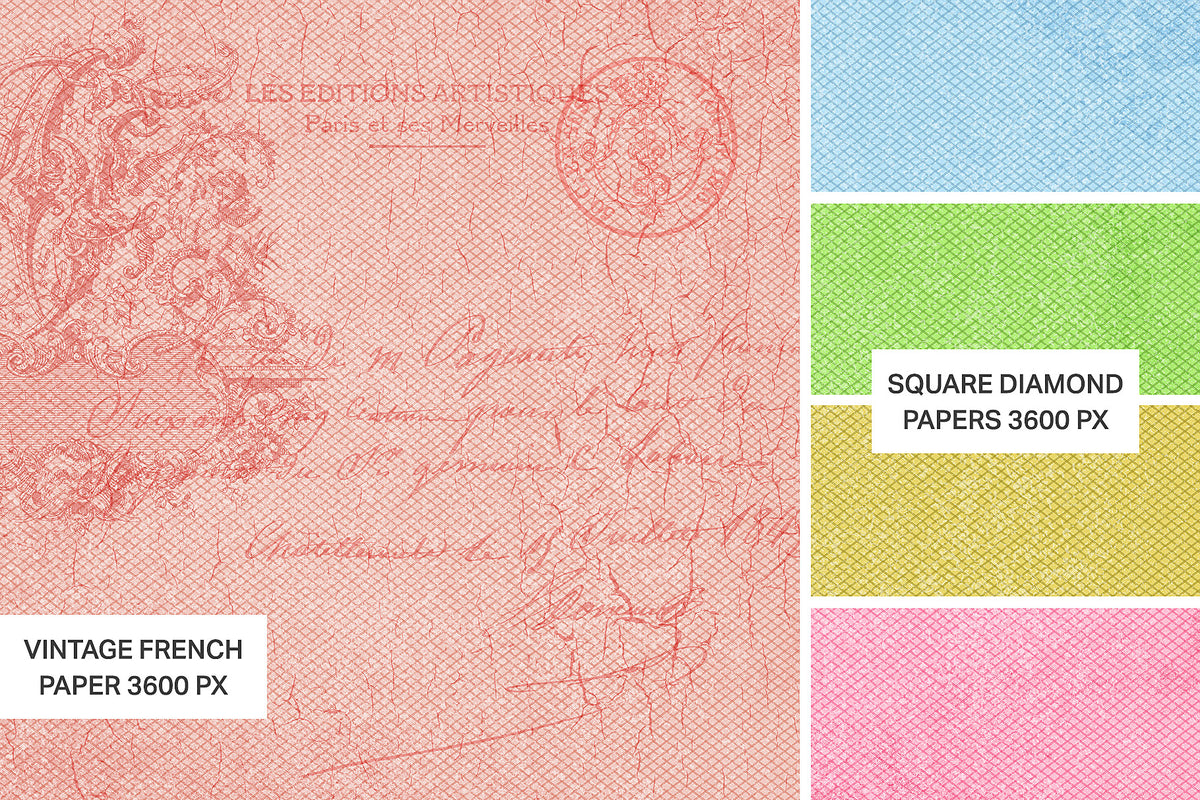 Collection of vintage French paper with decorative text and square diamond papers in various colors.