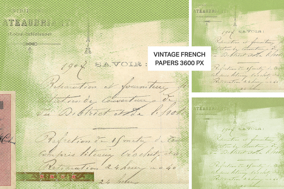 Vintage French digital papers with text and decorative elements on a green background