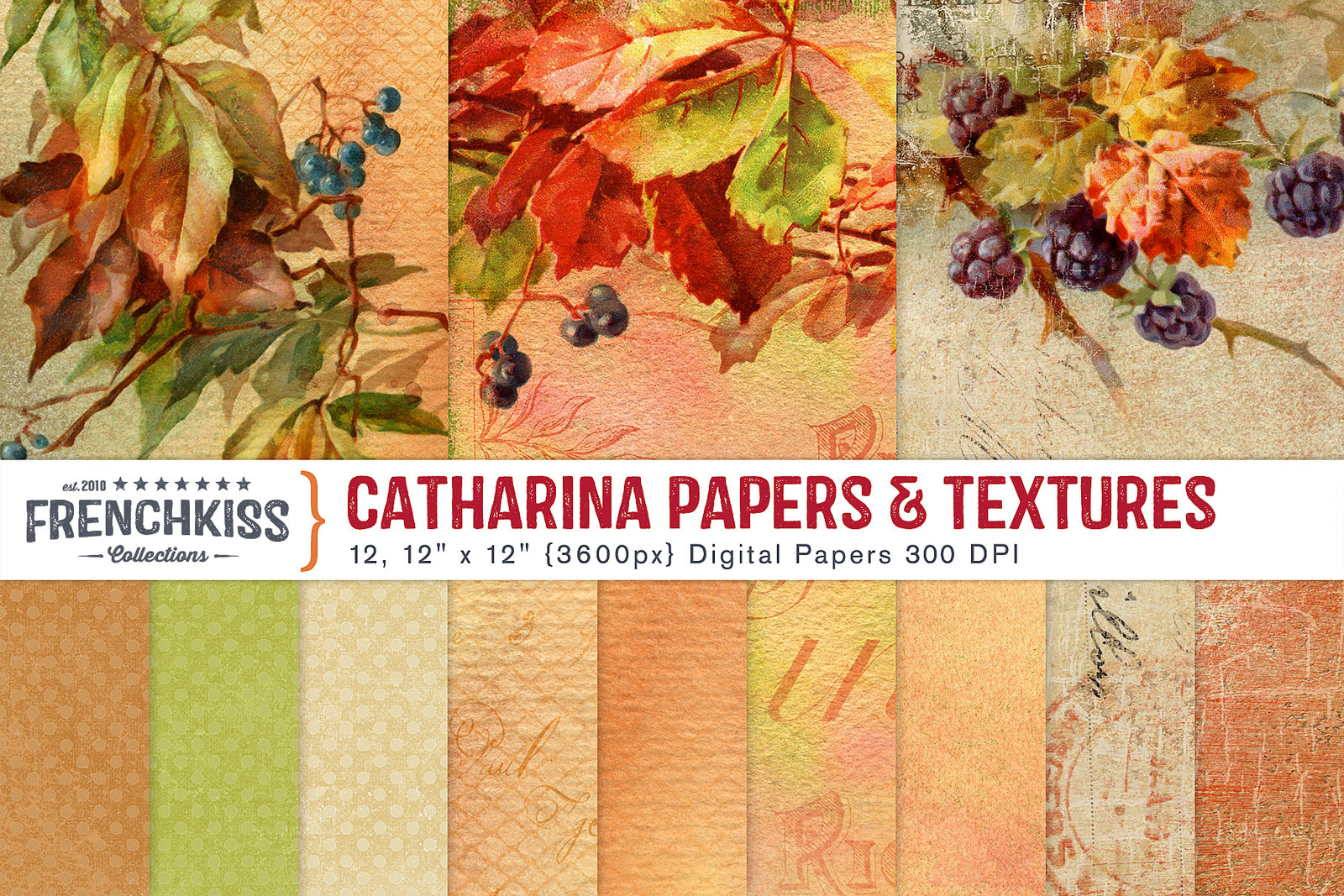 Digital Papers with Fall colors, vintage Leaves and berries illustrations and vintage French elements.