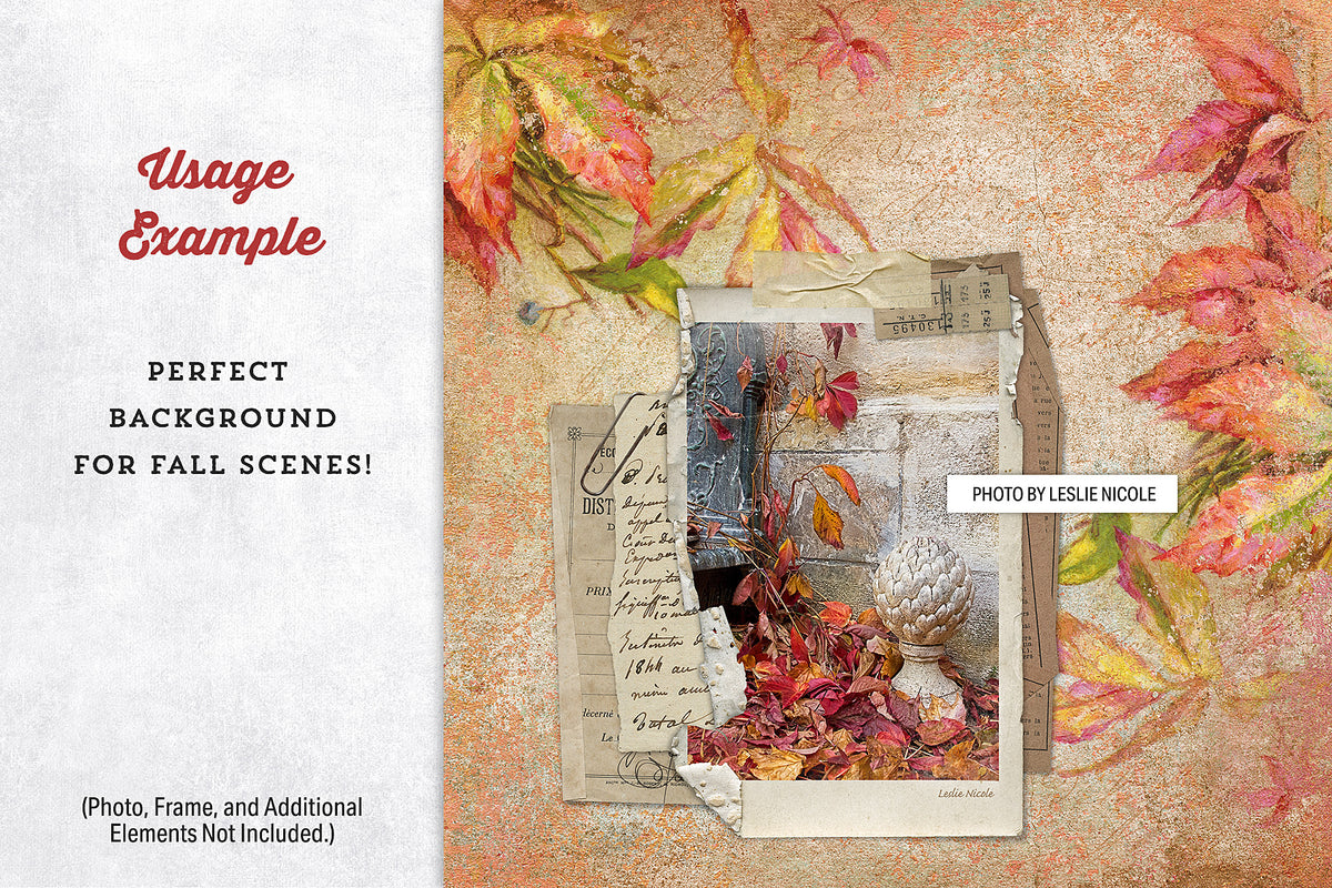 Decorative digital paper background with autumn leaves, suitable for fall-themed designs. Shown with a framed photo collage.