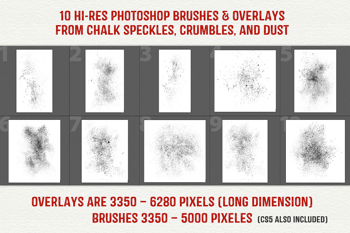 10 high resolution Photoshop brushes and PNG overlays of pressed chalk speckles. Great for adding texture to your design.