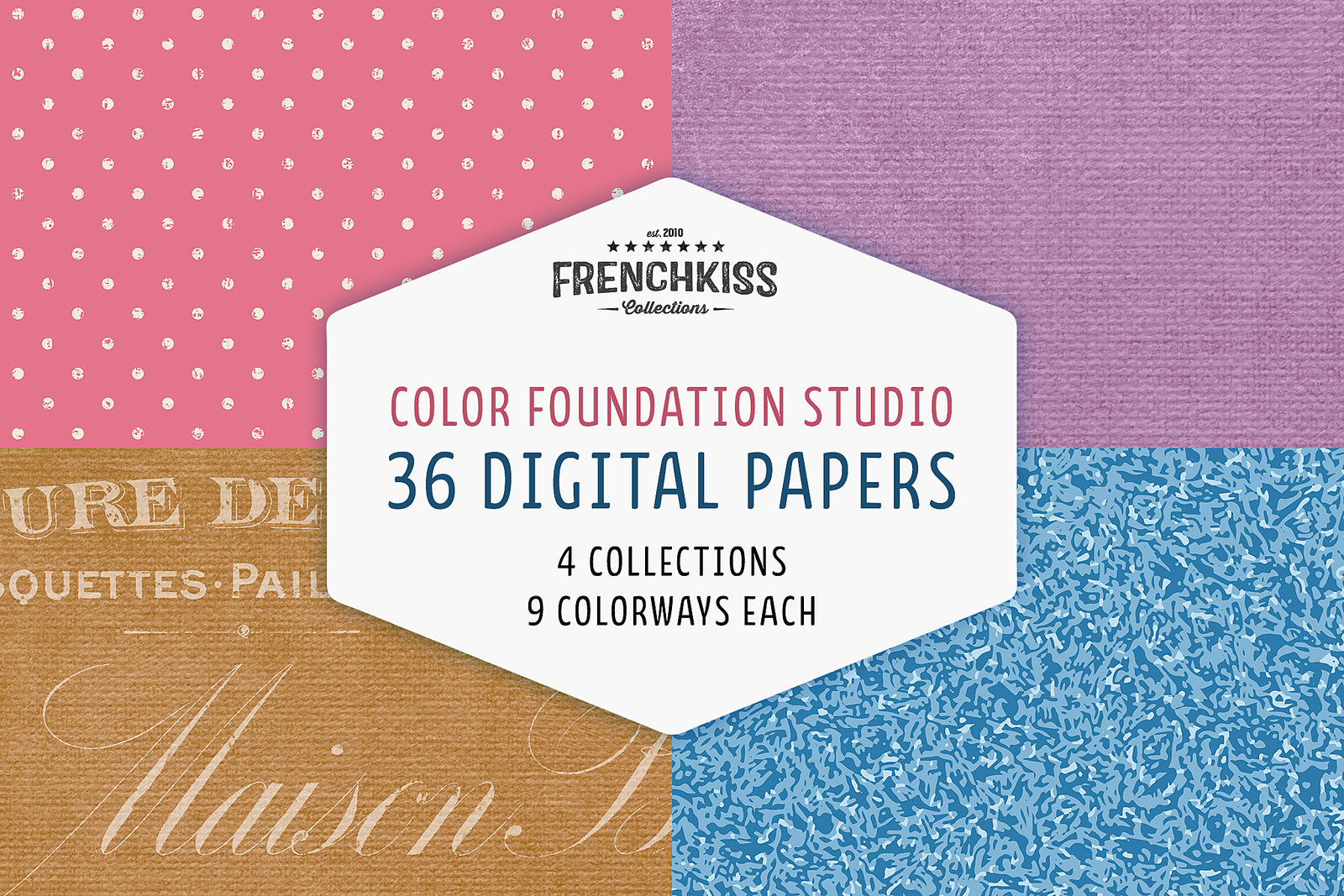 Color Foundation Studio digital paper collection featuring 36 textured background papers in four collections with nine colorways each.
