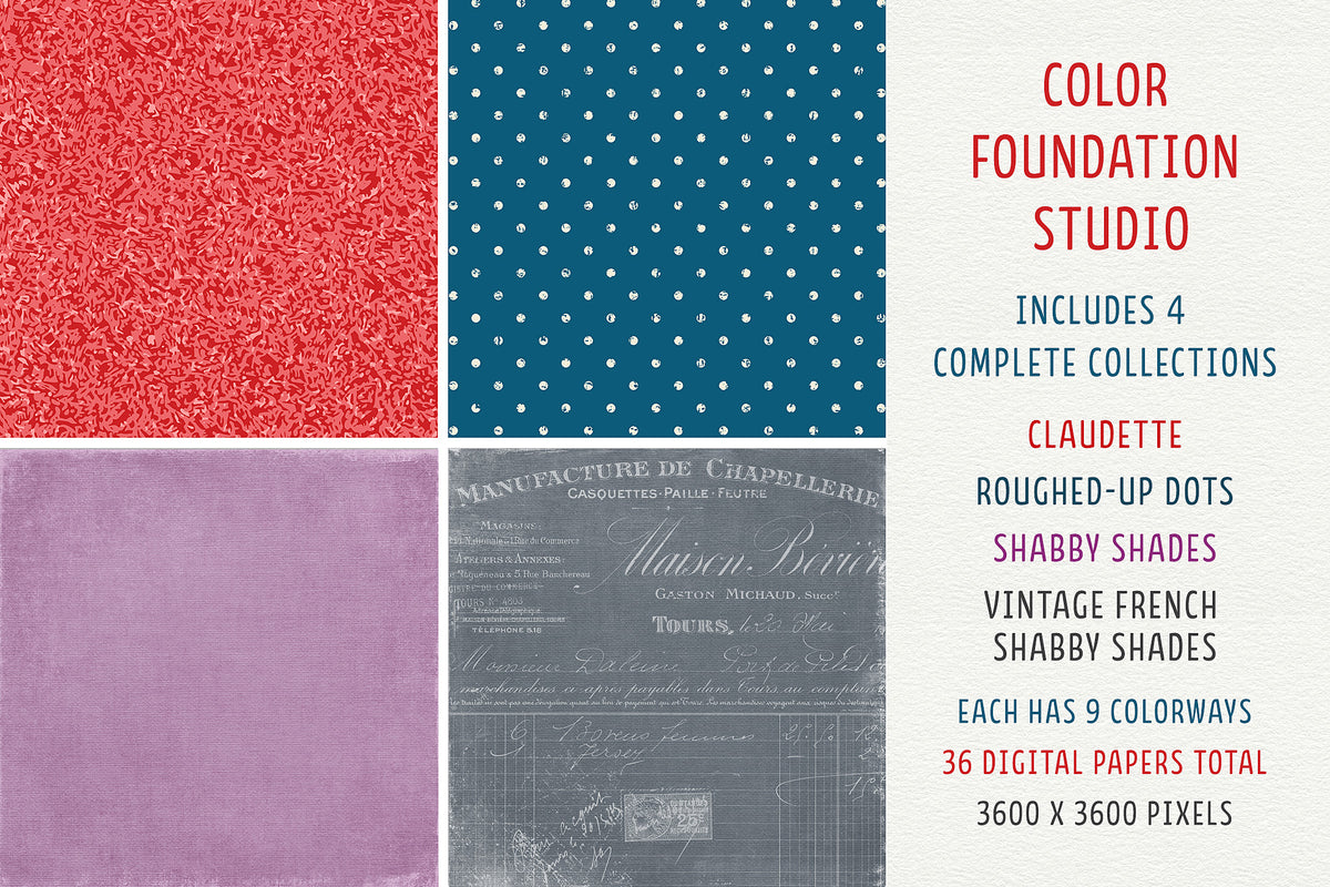 Overview of the Color Foundation Studio collection showing four included digital paper collections and 36 total background papers.