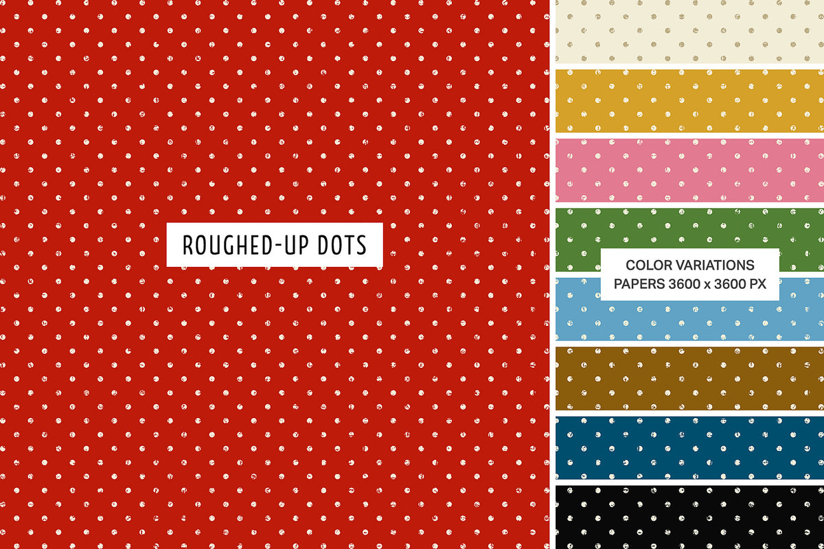 Roughed-Up Dots digital papers with distressed polka dot patterns in nine colorways.