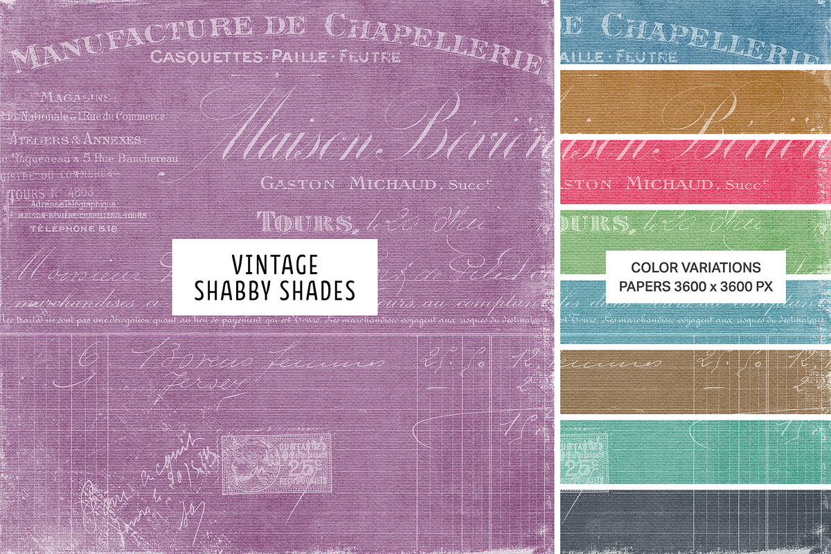 Vintage French Shabby Shades digital papers featuring distressed textures, vintage typography, and French ephemera details in nine colorways.