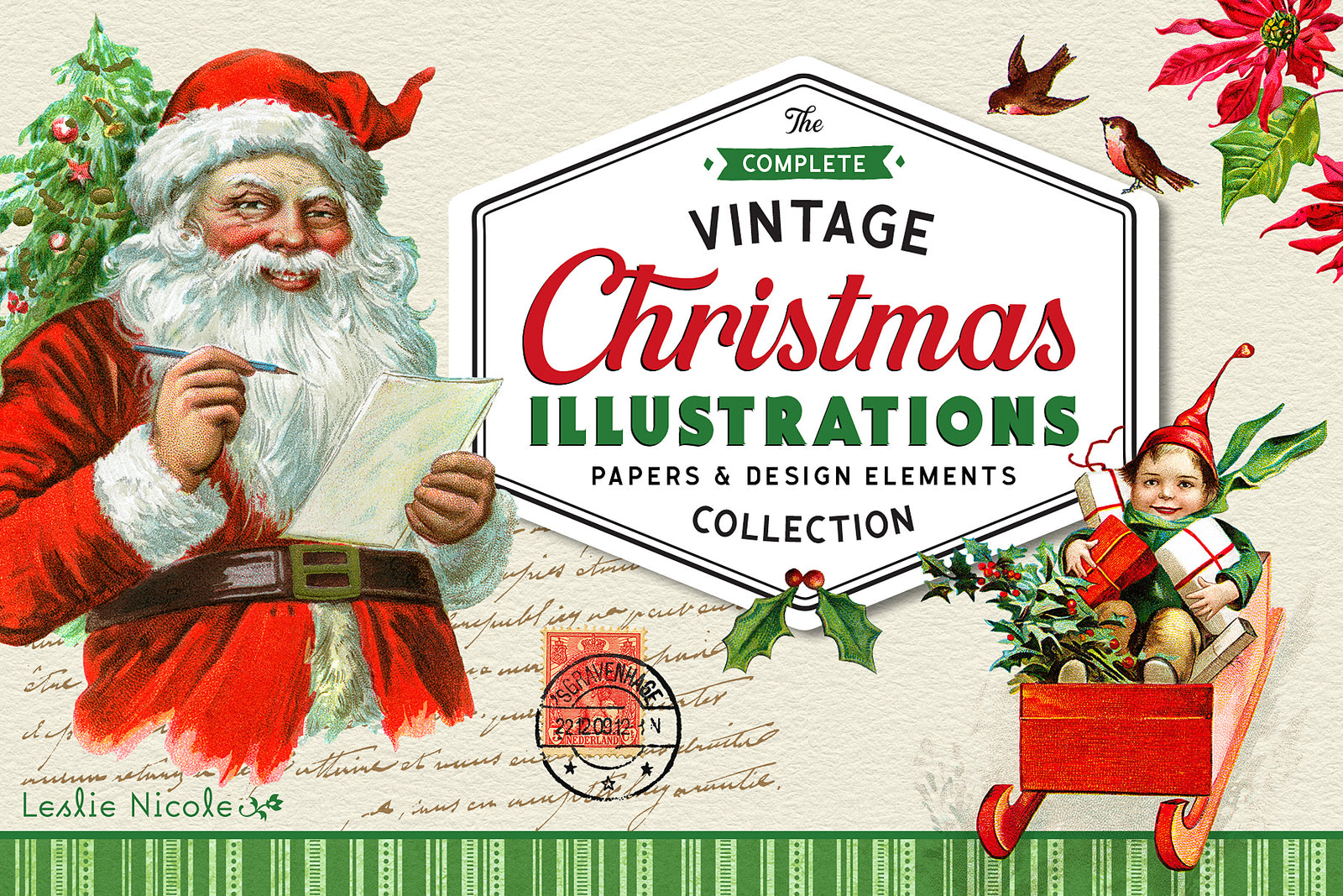 The Complete Vintage Christmas Collection featuring vintage Christmas illustrations, digital papers and design elements by Leslie Nicole.