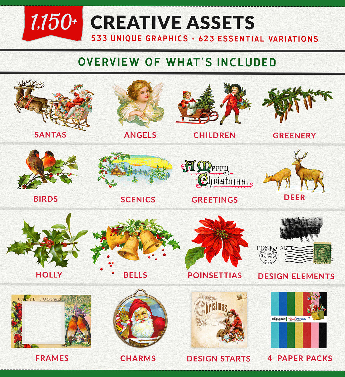 Overview of The Complete Vintage Christmas Collection with 1,150+ creative assets, including vintage Christmas illustrations, digital papers and design elements.