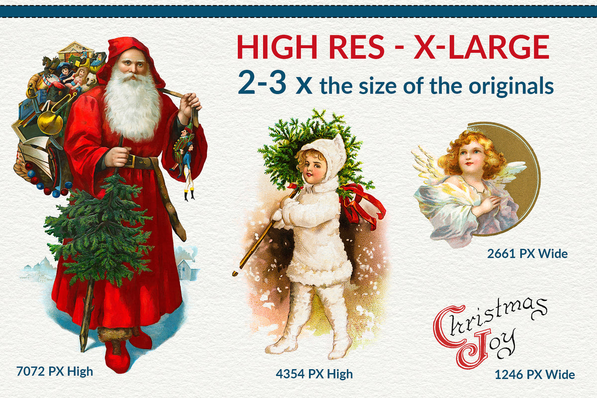 Extra-large, high-resolution vintage Christmas illustrations prepared at 2–3 times the size of the original artwork for greater creative flexibility.