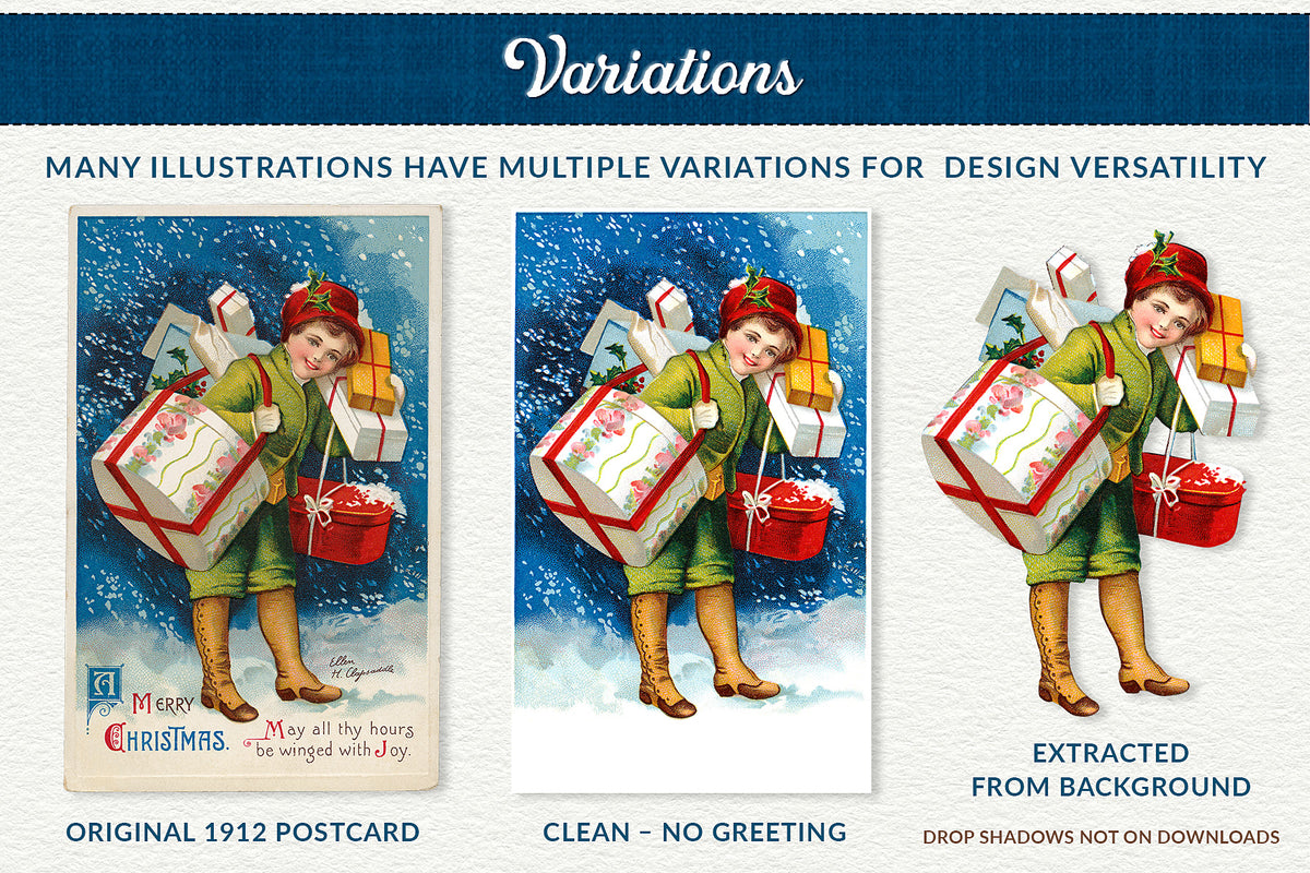 Vintage Christmas illustrations with professionally prepared variations, including restored, greeting-free and extracted versions for greater design flexibility.