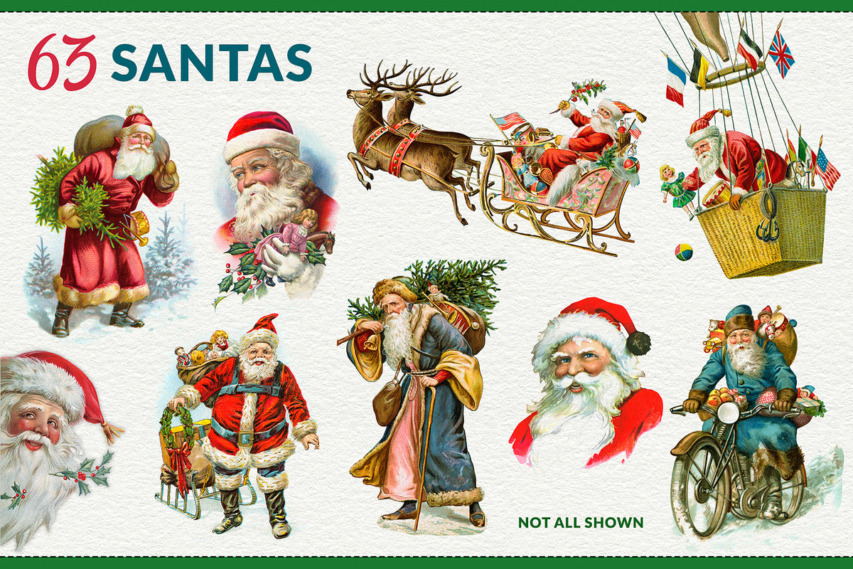 64 vintage Christmas Santa illustrations featuring a wide variety of antique Santas, poses and styles for holiday design projects.