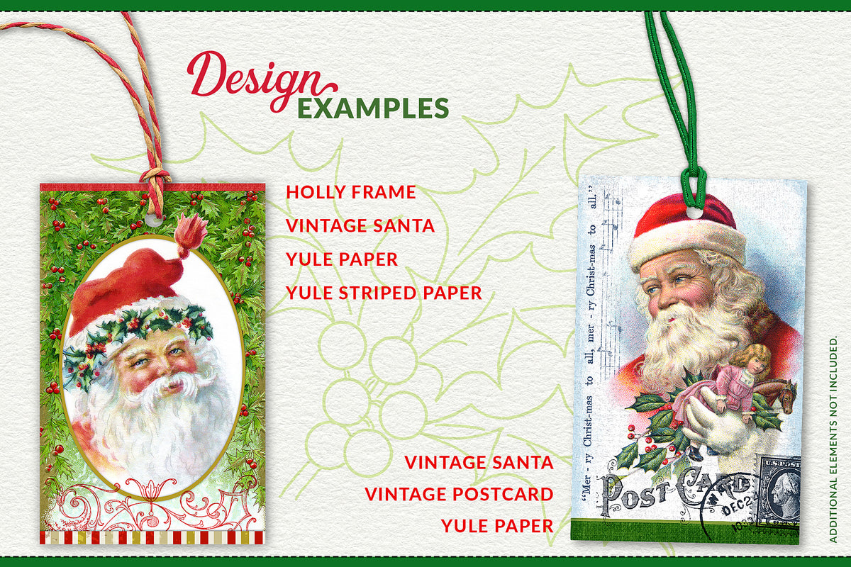 Vintage Christmas design examples showing how Santa illustrations, holly frames, digital papers and antique postcard elements can be combined into finished holiday designs.