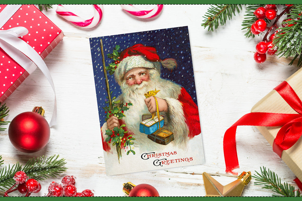 Vintage Christmas illustration of Santa carrying packages against a snowy blue background, shown as a holiday card design example.