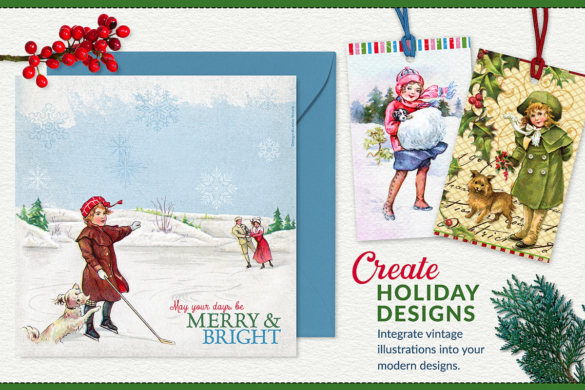 Holiday design examples showing vintage Christmas children illustrations combined with winter scenes, greetings and decorative elements for cards and creative projects.