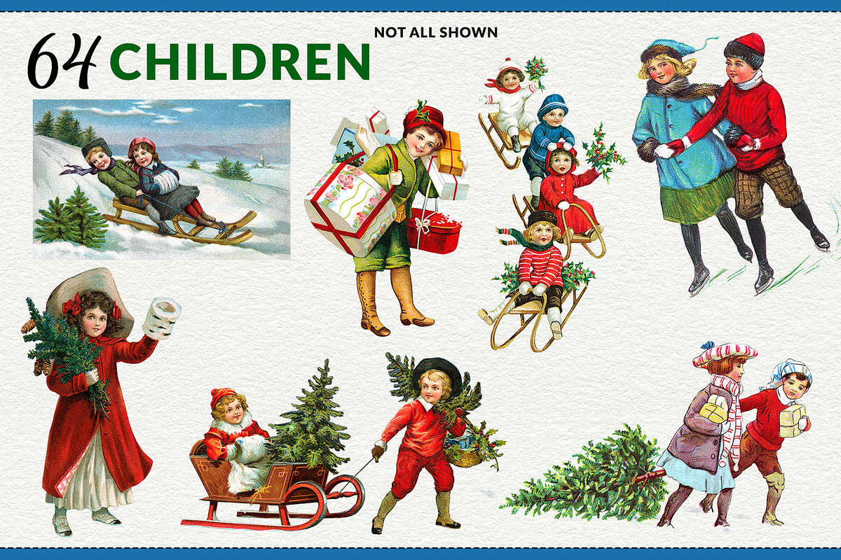 64 vintage Christmas children illustrations featuring charming antique holiday scenes, winter activities and festive designs for creative projects.