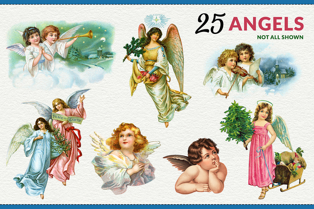 Collection of vintage Christmas angel illustrations in soft festive colors, included in the Complete Vintage Christmas Collection.