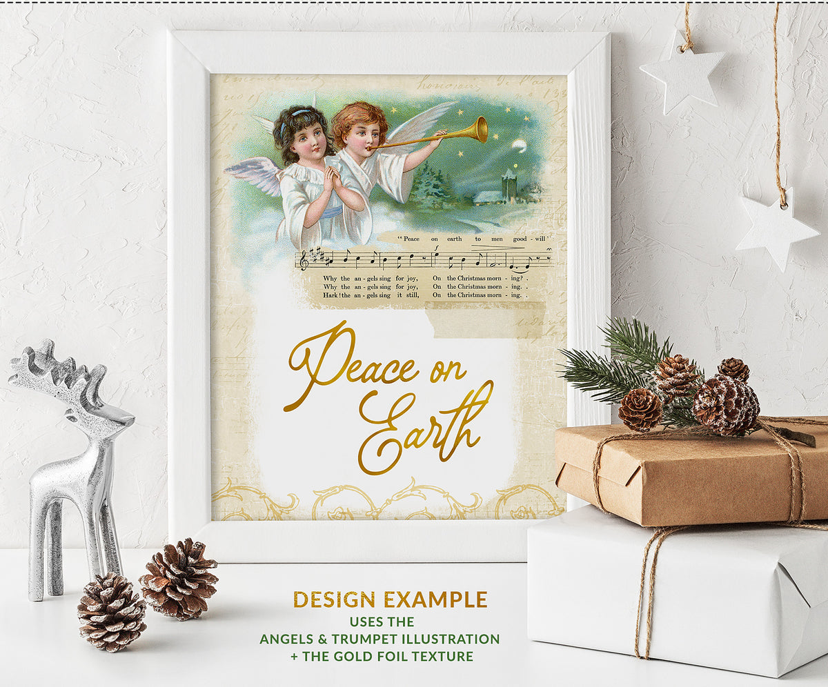 A Christmas design with a vintage angel illustration digital graphic.