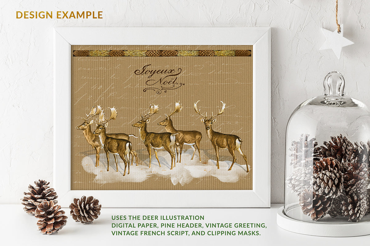 Framed Christmas design example featuring vintage deer illustrations, digital paper, pine branches and vintage typography.