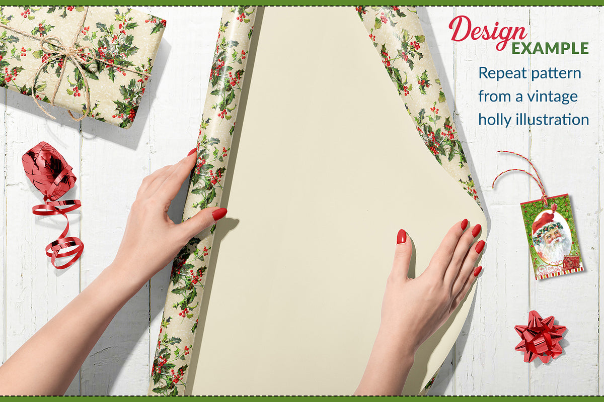 Christmas wrapping paper repeat pattern design featuring vintage holly illustration graphics.
