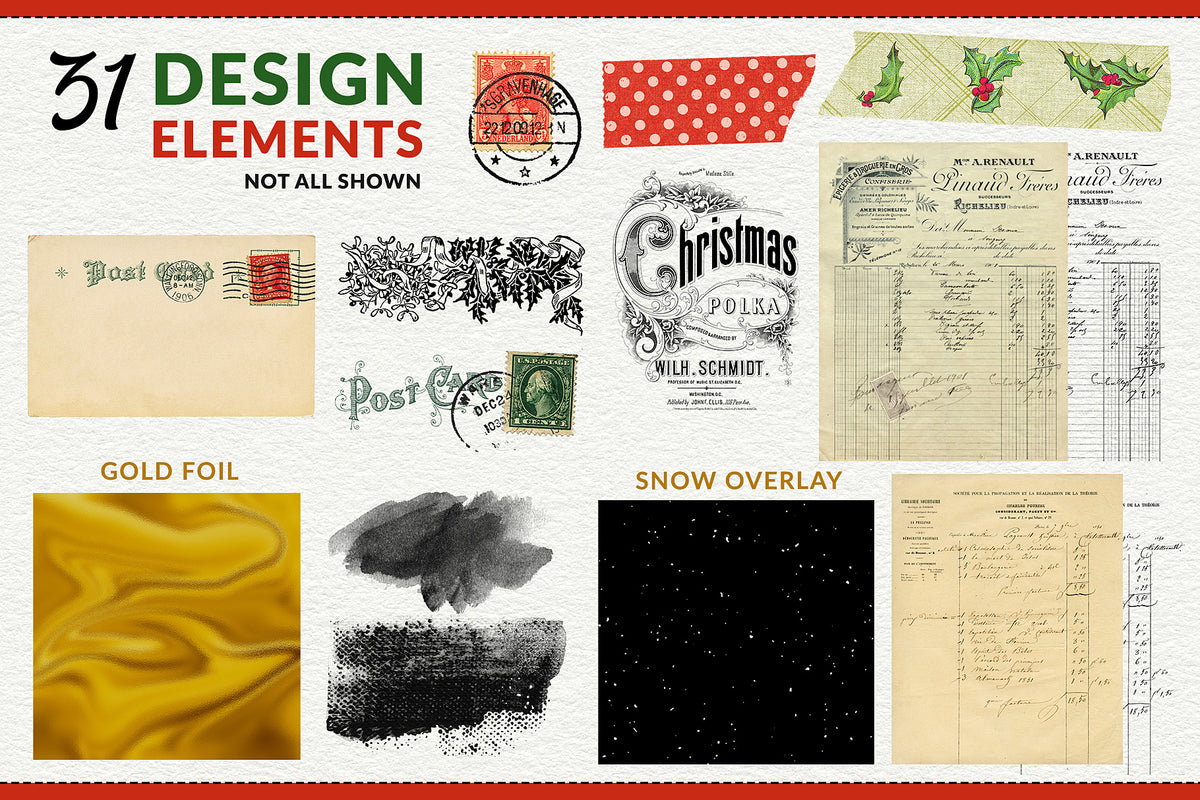 Vintage Christmas design elements including overlays, textures, postmarks, antique ephemera, snowfall and decorative graphics.