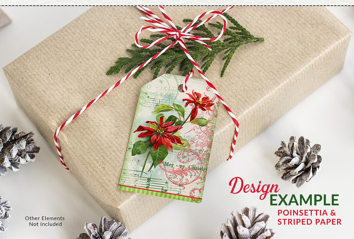 Christmas gift tag design featuring a vintage poinsettia illustration, shown on a wrapped holiday gift.