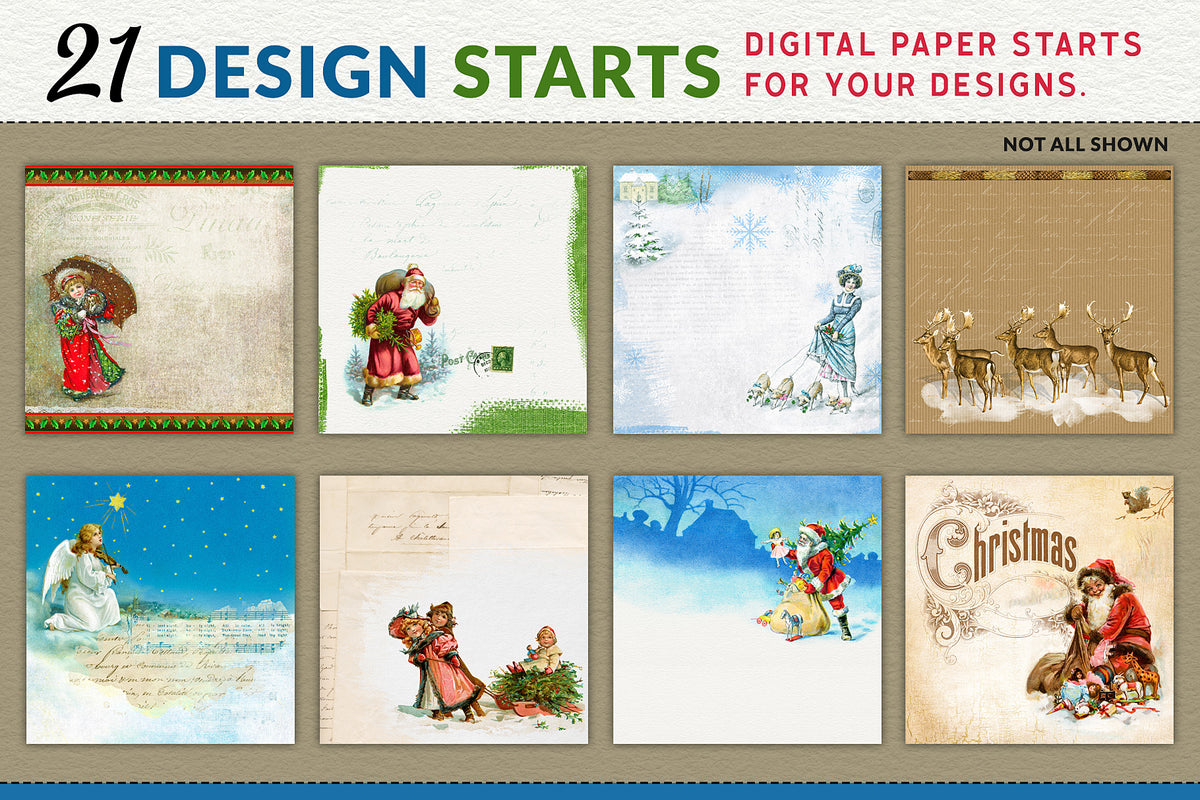 Vintage Christmas Design Starts featuring ready-to-customize layouts combining antique illustrations, papers, greetings and decorative elements.