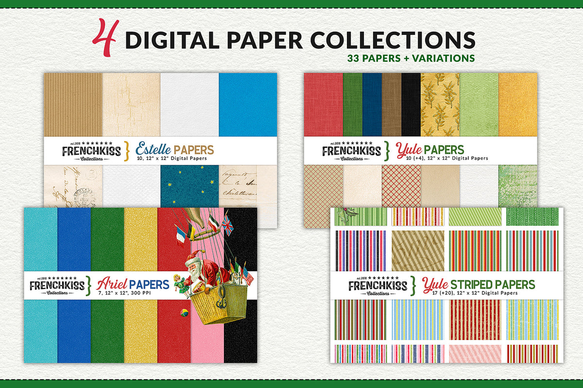 Four coordinating vintage Christmas digital paper collections featuring festive patterns, textures and holiday designs for creative projects.