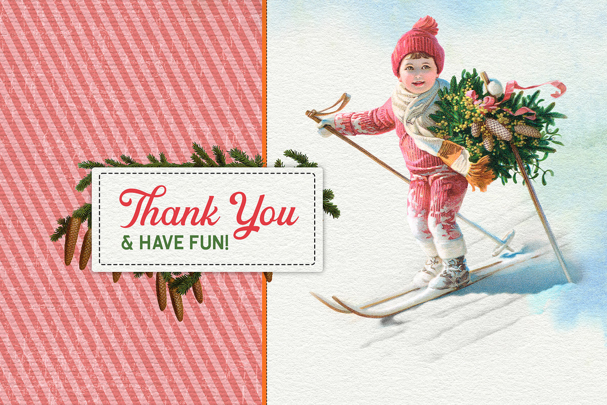 Christmas card design featuring a vintage skiing boy illustration with coordinating striped digital paper and festive typography.