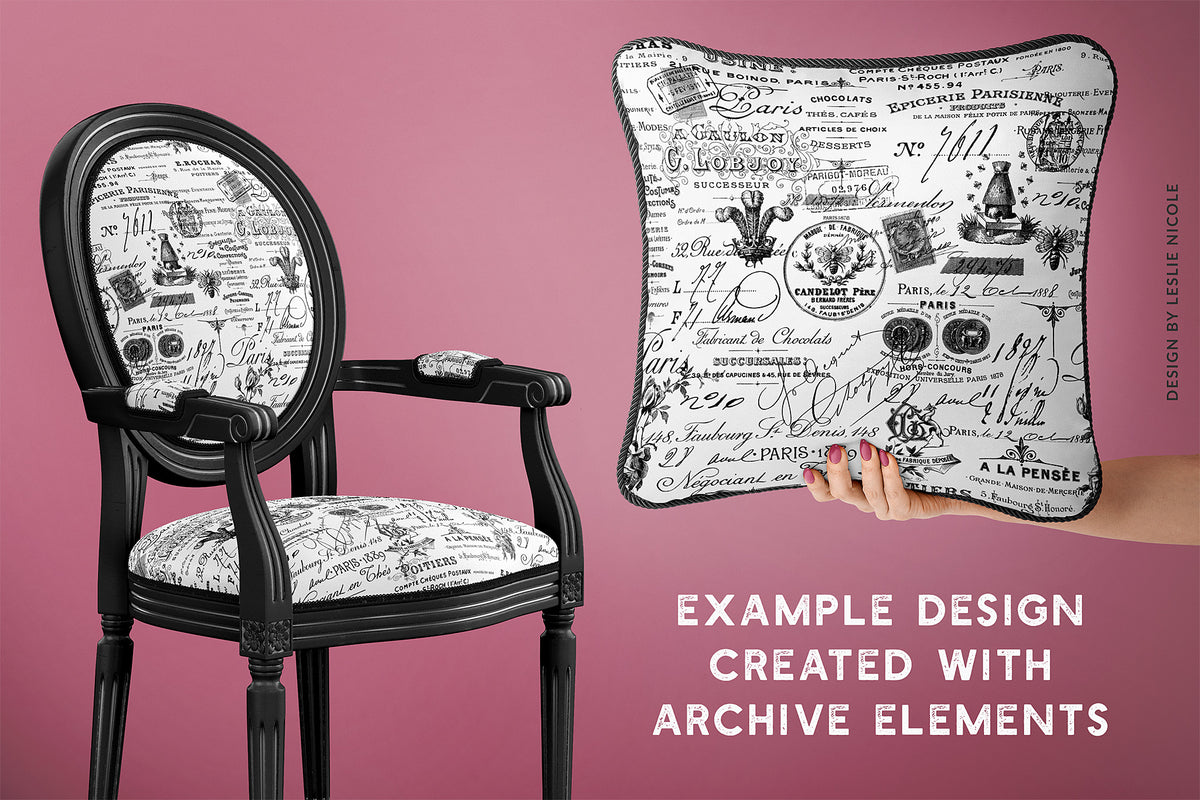 Fabric design using vintage French ephemera graphics. Surface Pattern Design.