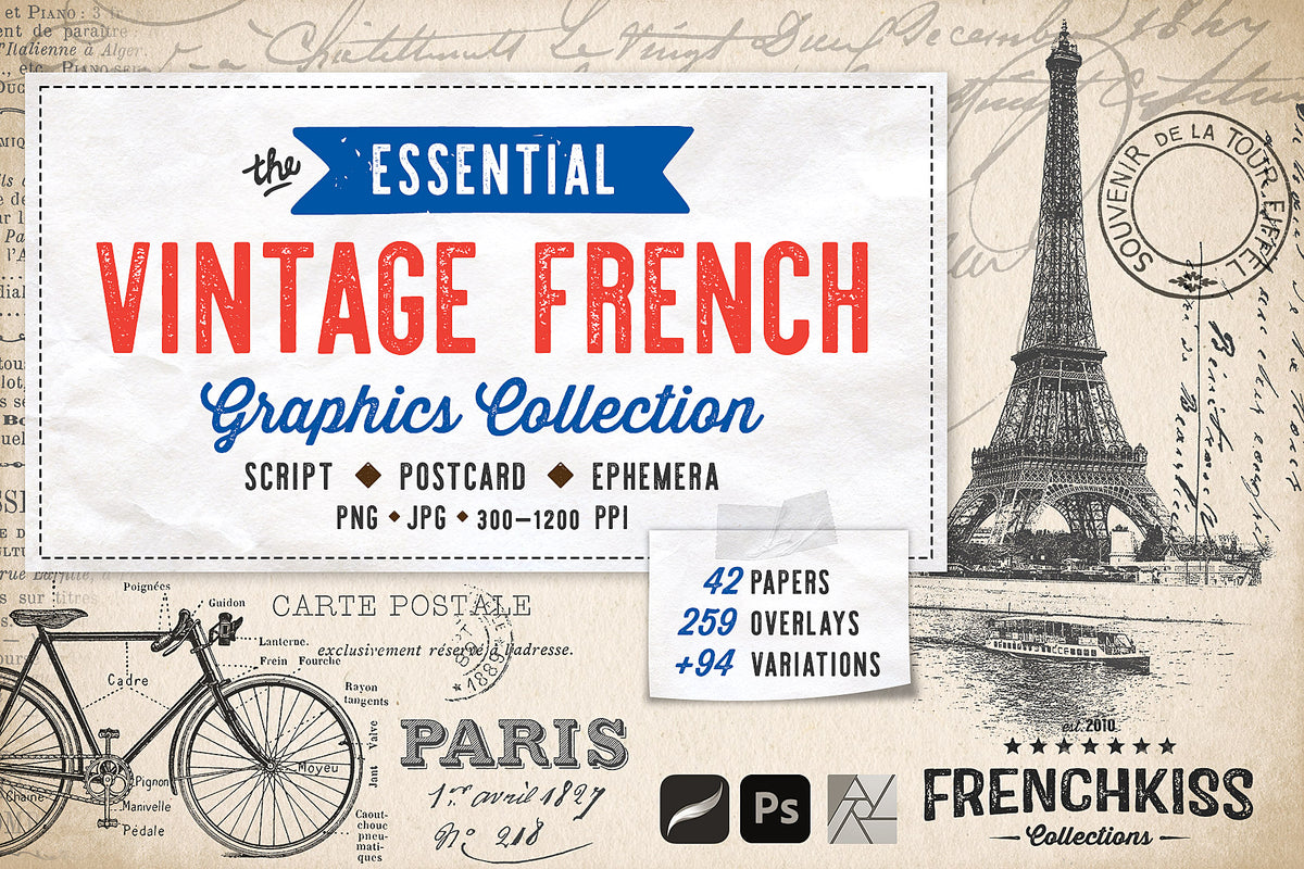 The Essential Vintage French Graphics Collection with 395 digital graphics from script to postcards.
