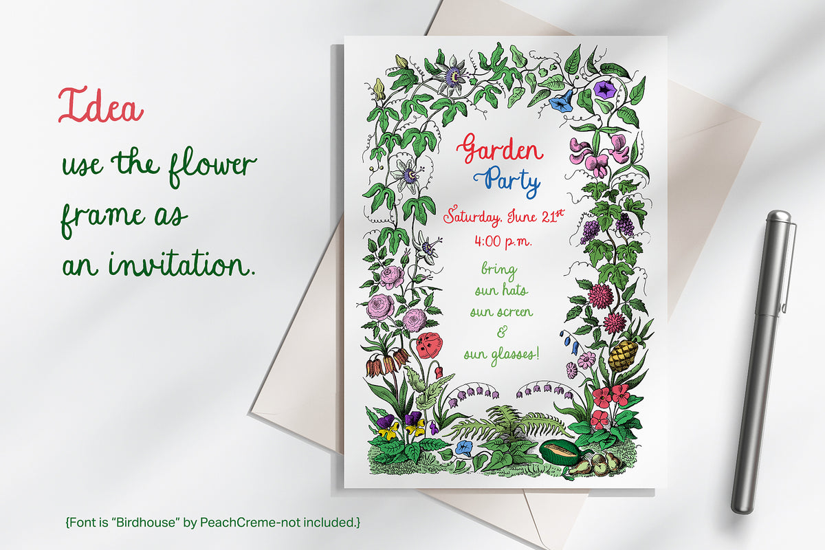 Garden party invitation with floral frame using a vintage French illustration graphic.