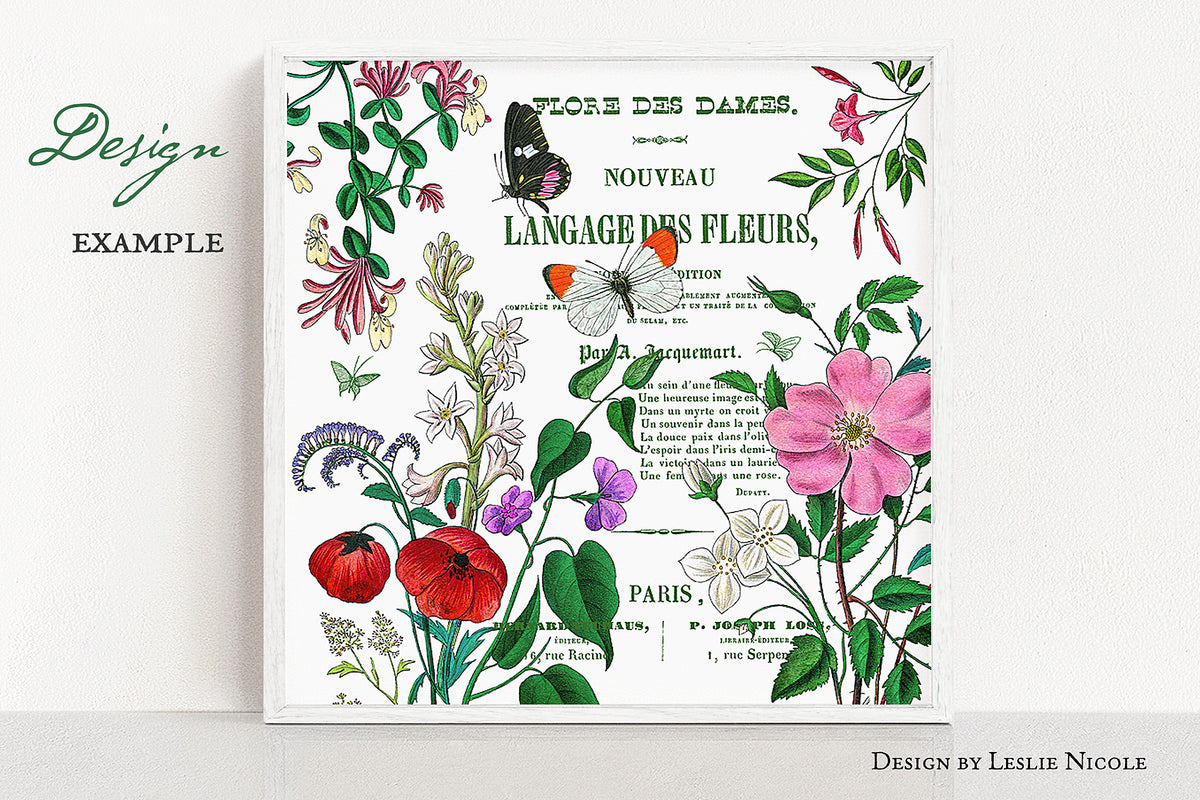Design example using vintage French botanical and butterflies illustrations and ephemera digital graphics.