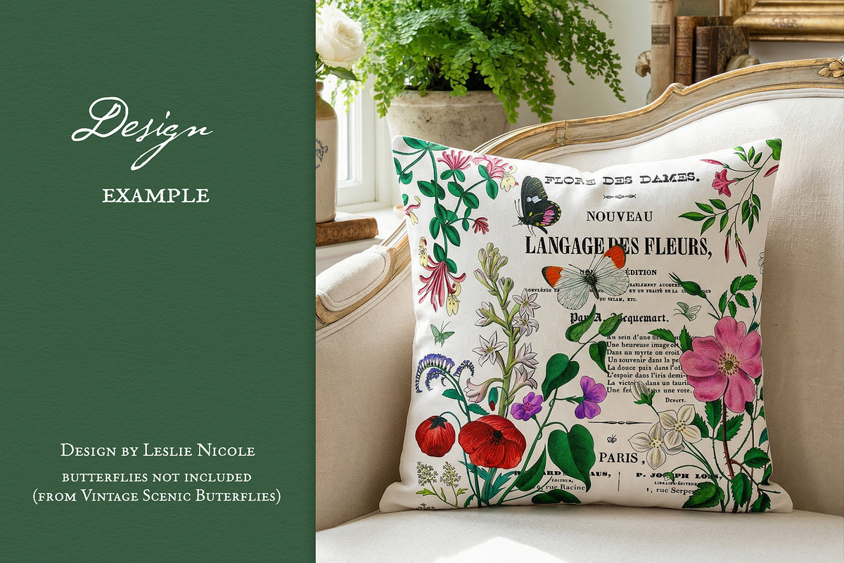 Vintage French flower and butterfly throw pillow design.