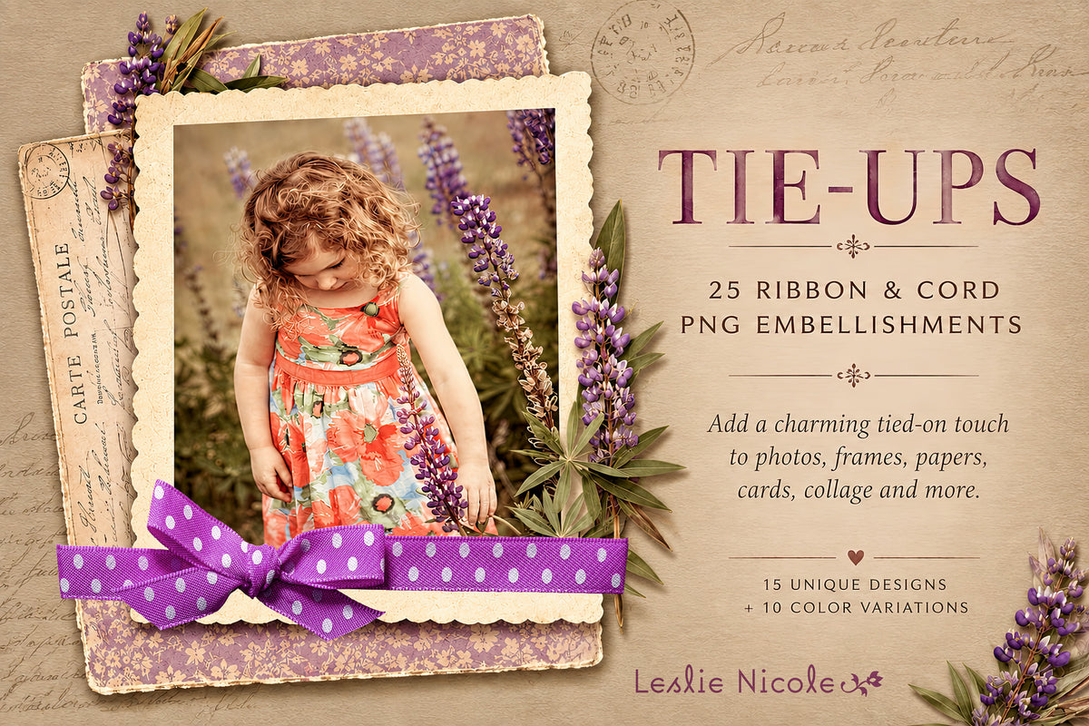 Vintage scrapbook-style design featuring a purple polka dot ribbon Tie-Up layered over a framed photo, with 25 ribbon and cord PNG embellishments.
