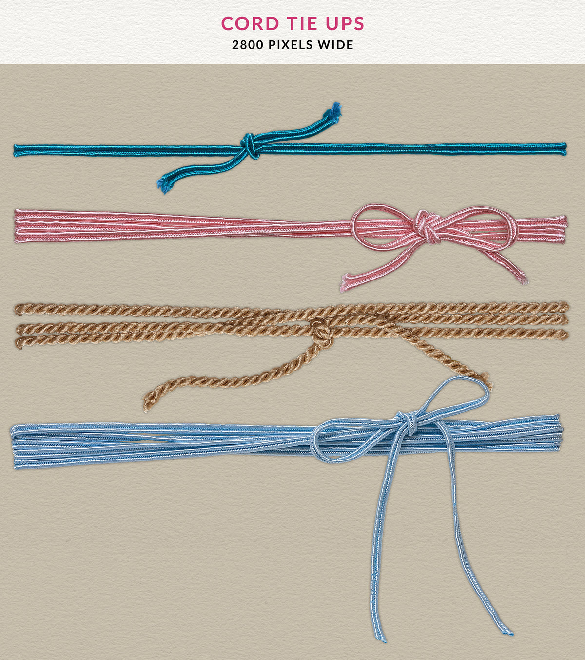 Four photographed cord Tie-Ups in teal, pink, tan and light blue, featuring knots and bows on a neutral textured background.