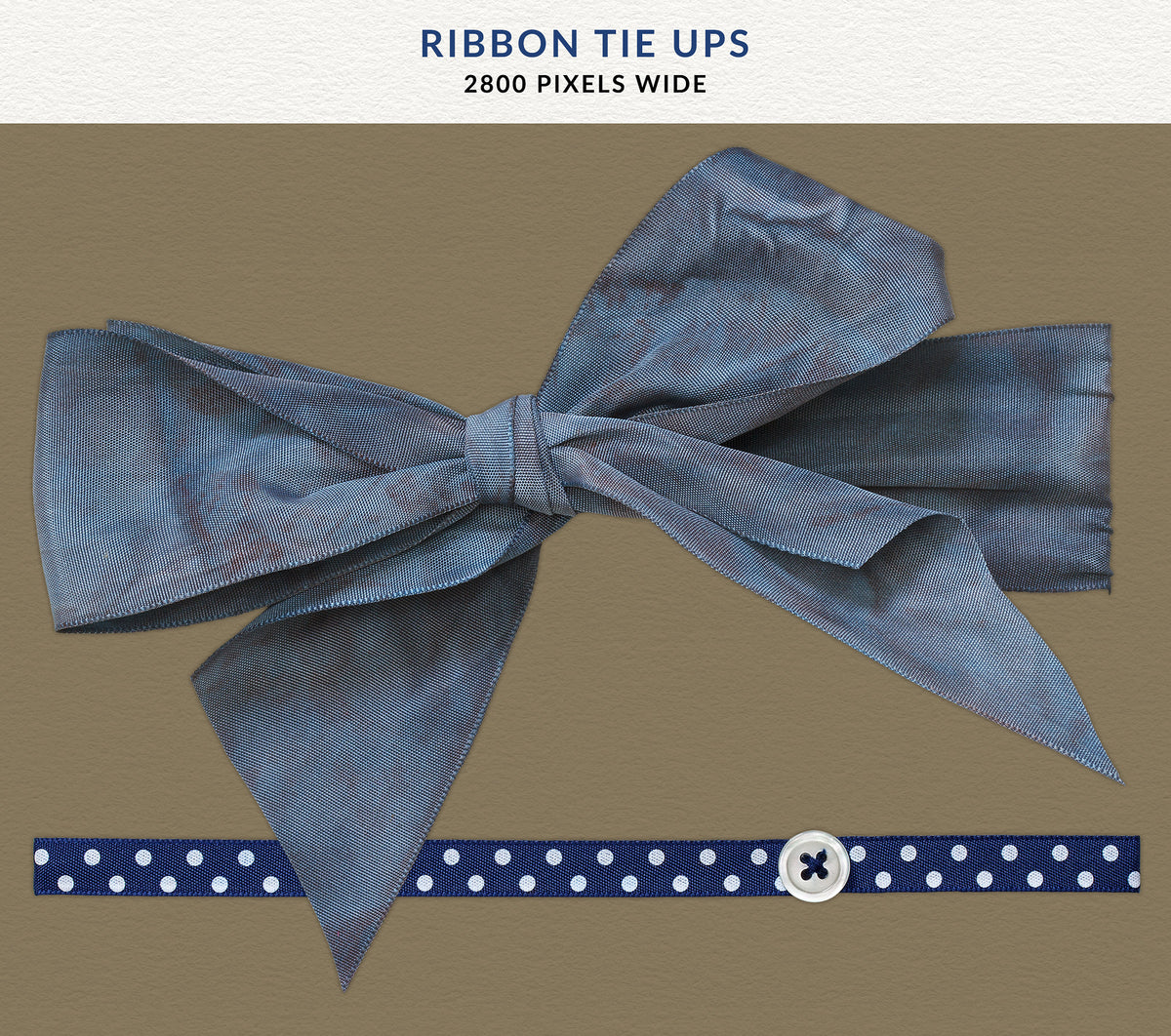 Two ribbon Tie-Ups featuring an oversized slate blue satin bow and a navy polka dot ribbon with button detail, shown on a neutral textured background.