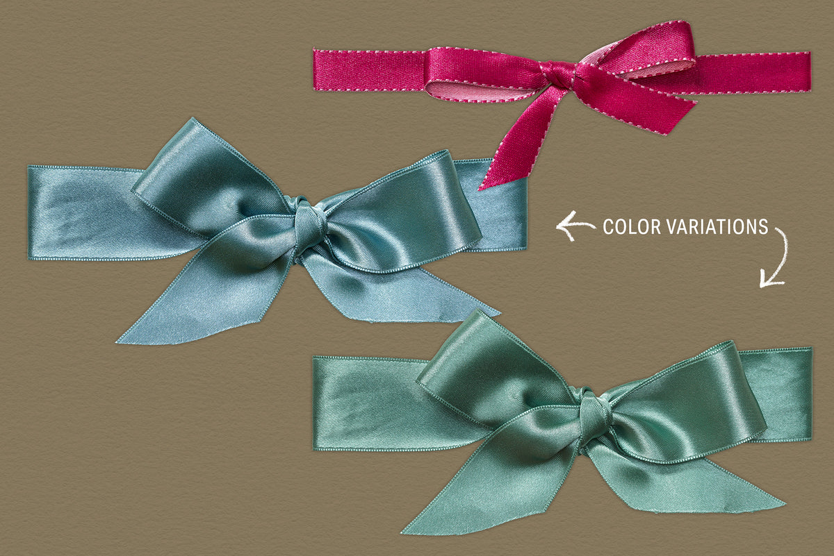 Pink ribbon bow and two aqua satin bow Tie-Up digital graphics, with arrows indicating the aqua bows are color variations, on a neutral textured background.