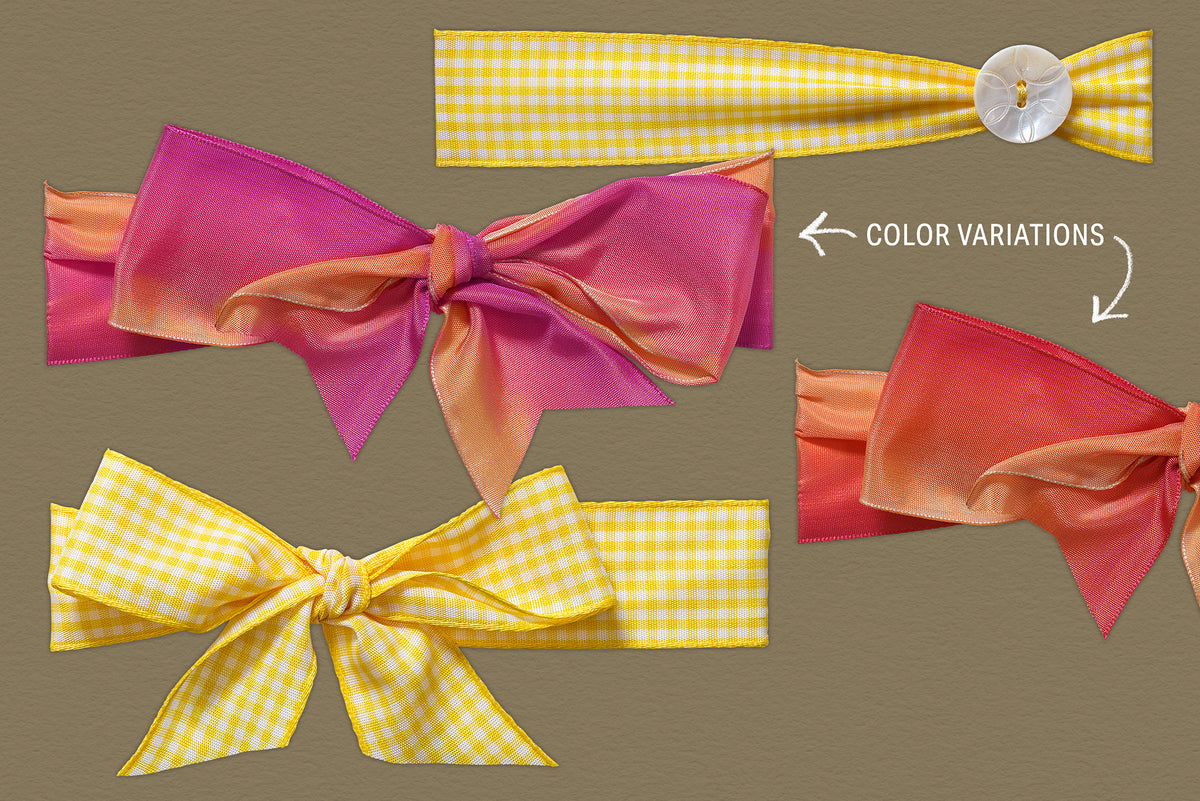 Yellow gingham ribbon Tie-Ups digital graphic and a large pink-and-orange satin bow shown with its red-and-orange color variation on a neutral textured background.