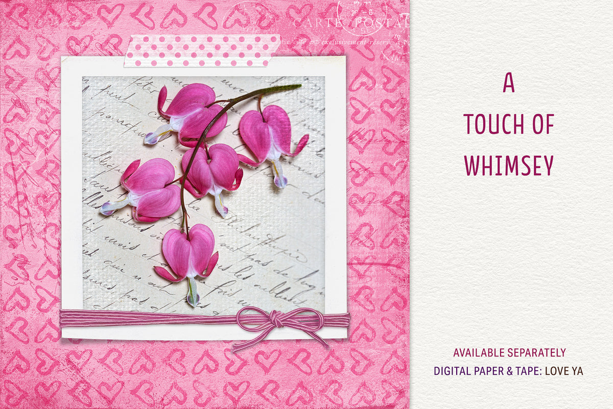 Pink scrapbook-style design example with bleeding heart flowers, digital layered paper and tape, and a pink cord Tie-Up wrapped across the bottom of a photo frame.