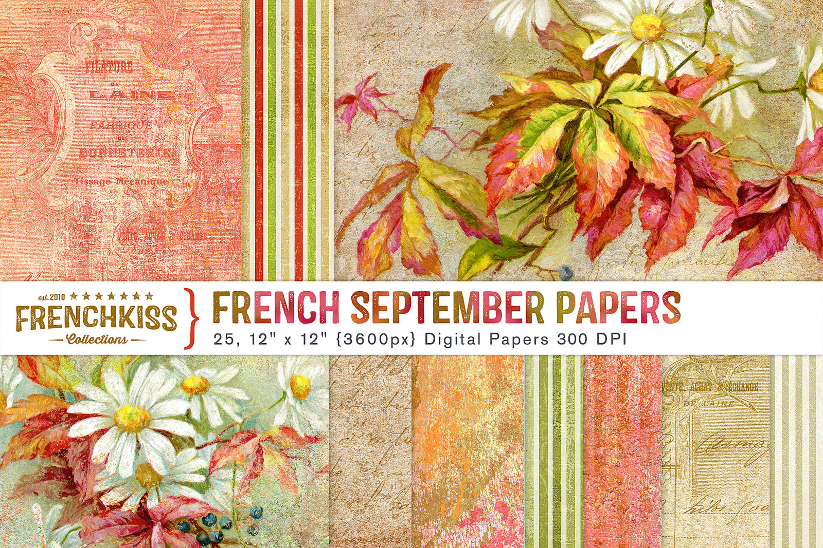 French September Digital Papers featuring vintage daisy and creeper illustrations and vintage French elements.