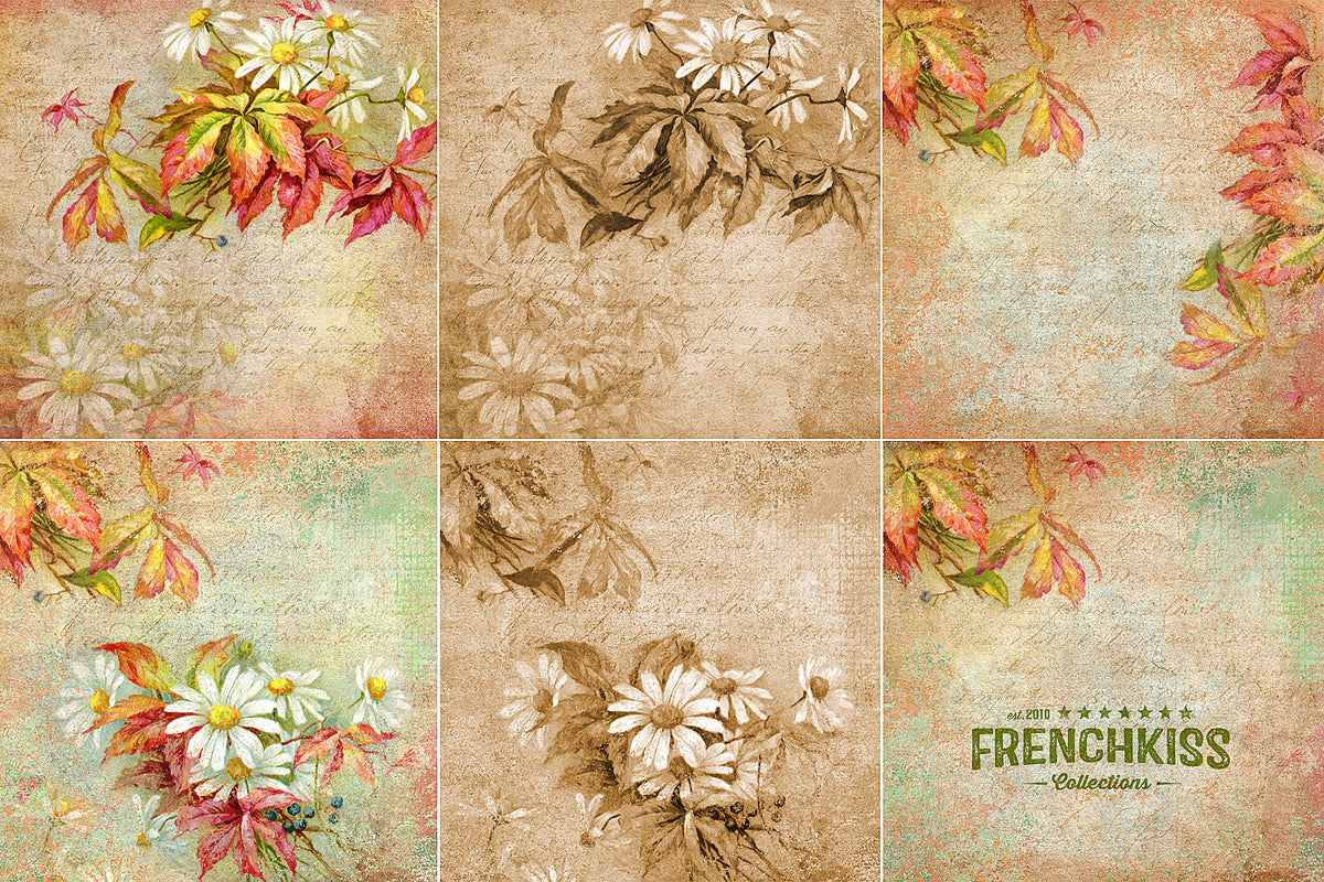 French September Digital Papers featuring vintage daisy and creeper illustrations and vintage French elements.