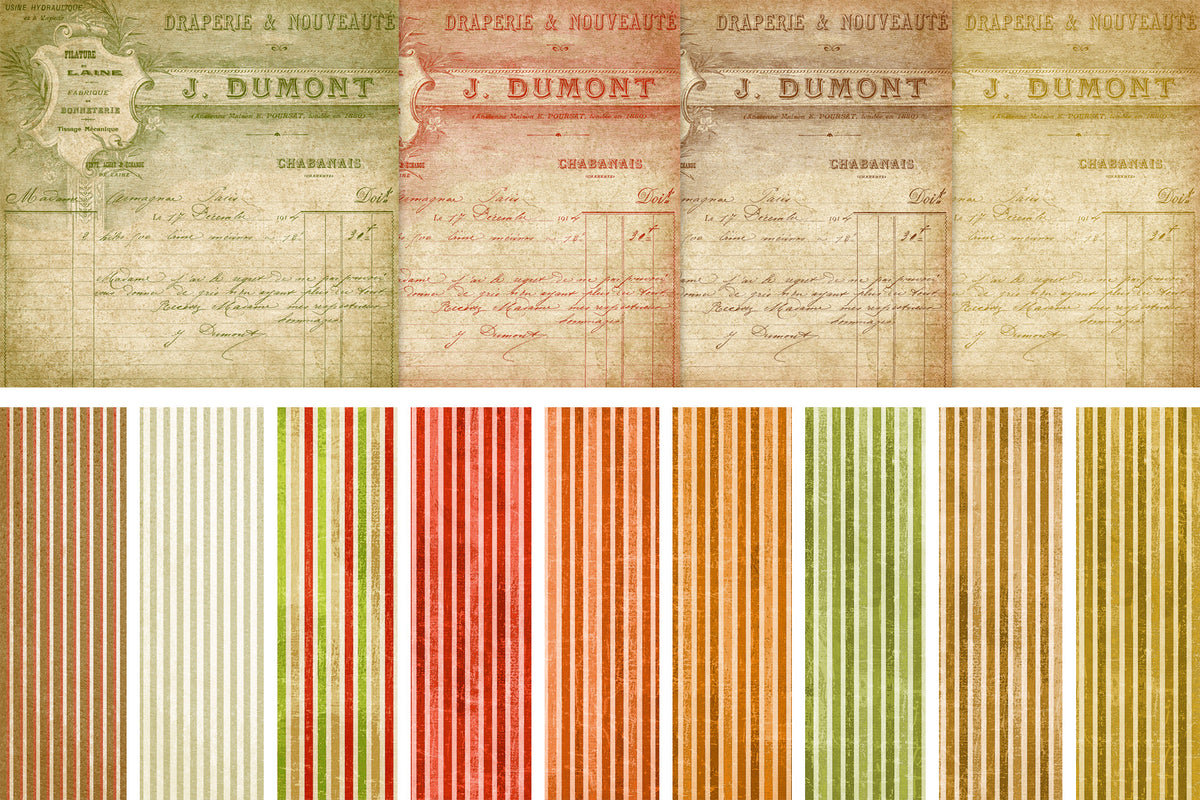 Digital papers with vintage French ephemera designs and matching  grunge striped designs.