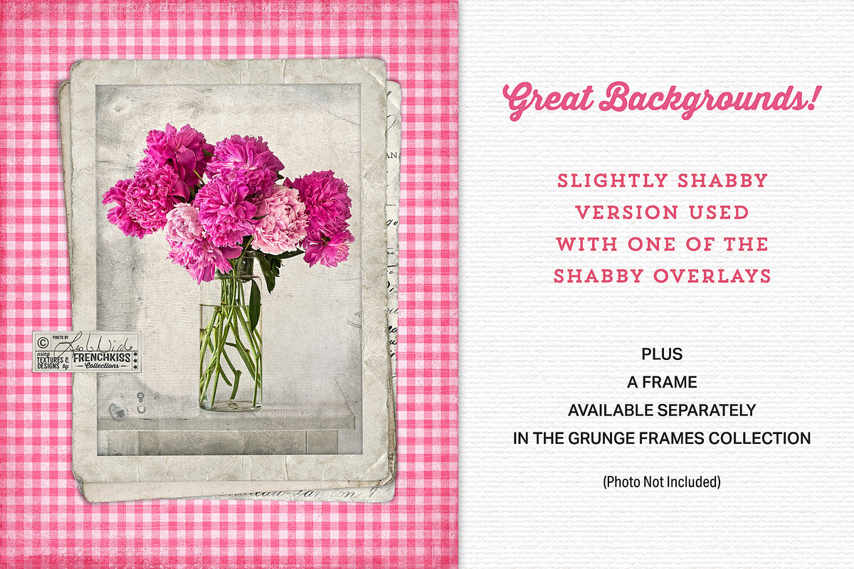 A vase of peonies photo in a grunge digital frame against the shabby gingham digital papers. Photo by Leslie Nicole.