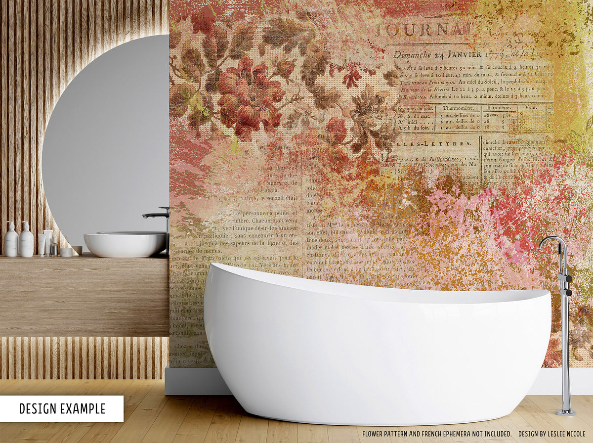 Wallpaper mural bathroom mockup using a design made with the Gouache Grunge brushes.